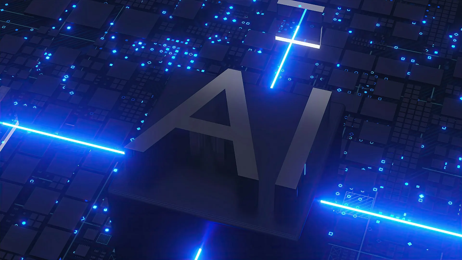 Ai text with glowing blue circuits and lights