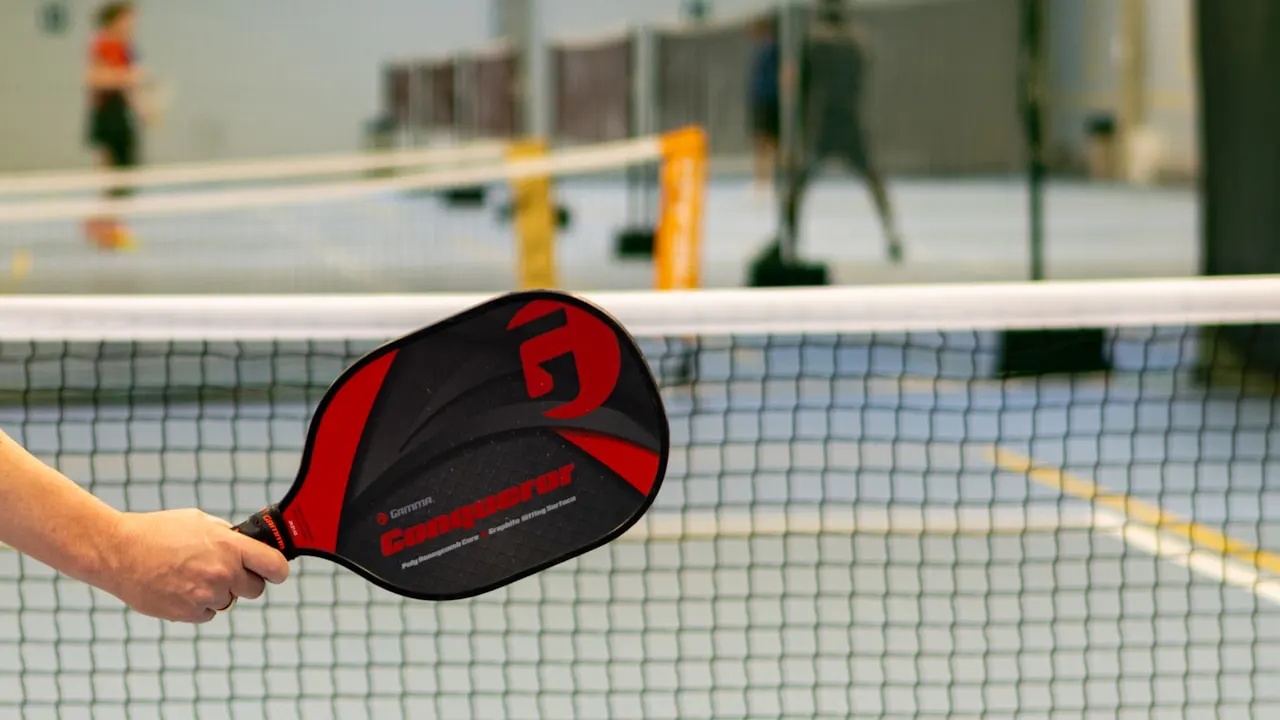 a person holding a ping pong paddle over a net