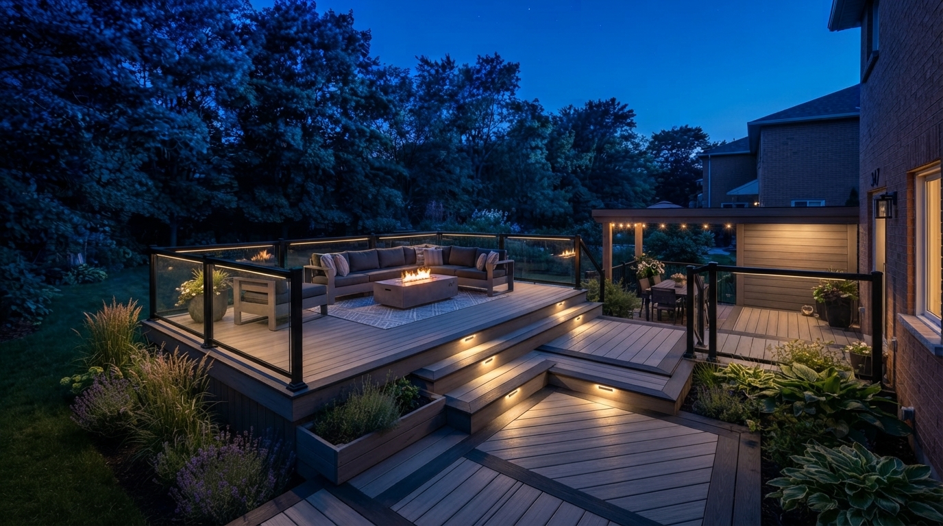 Hero background (carousel slide 3) — modern composite deck at dusk